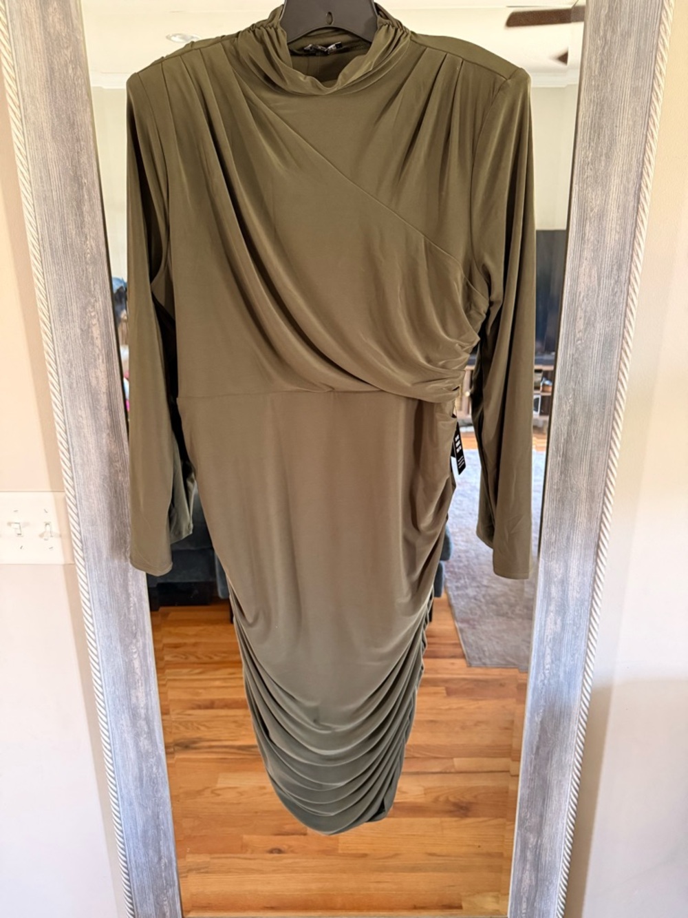 Express Olive Green Long Sleeve Draped Midi Dress